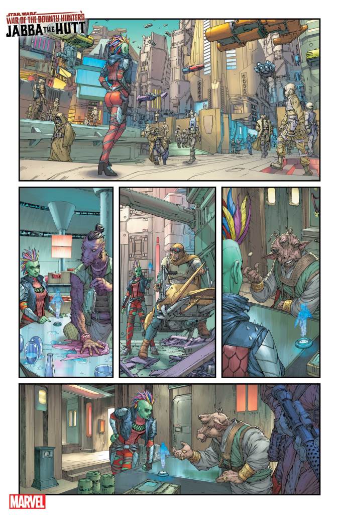 AN ALL-NEW BOUNTY HUNTER ENTERS THE FRAY IN STAR WARS: WAR OF THE BOUNTY HUNTERS - JABBA THE HUTT #1 9 STWWAROTBHJABBAT2021 Roberson Interior1