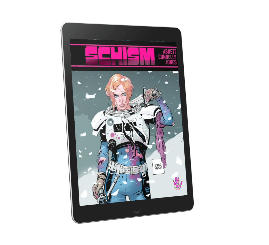 HIT-GIRL Creatives Unite for Epic Kickstarter Graphic Novel SCHISM 4 Schism cover on IPad