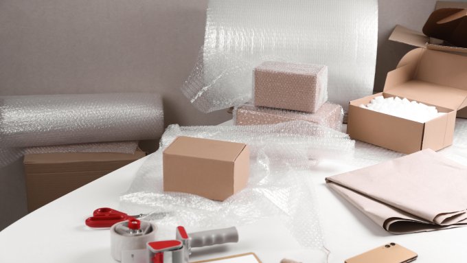 A table with several brown cardboard boxes, large rolls of bubble wrap, a tape gun, and other packaging equipment.