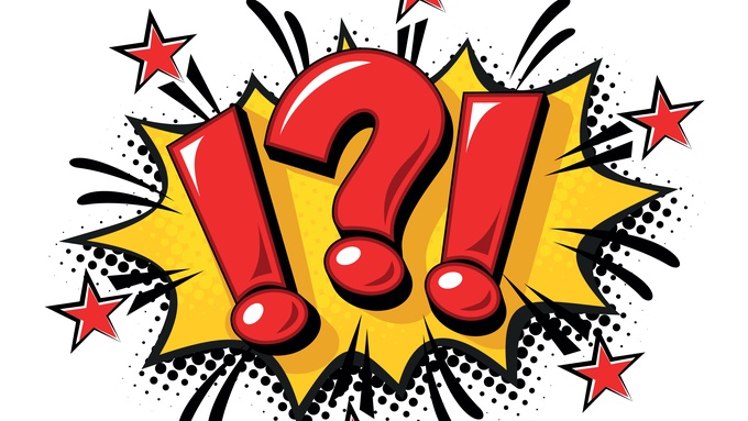 A comic-book-style image contains a red question mark and exclamation marks on a yellow starburst background with red stars.
